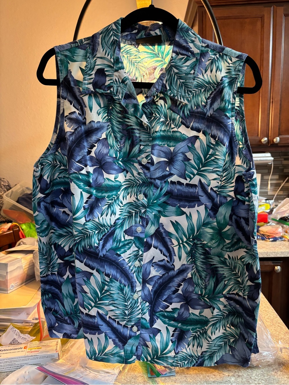 Karen Scott Tropical Leaf Button-Front Top in Blue and Green